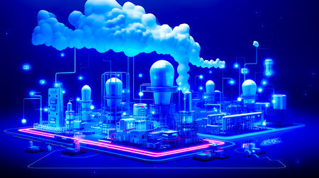 Factory with lot of smoke coming out of it's stacks. Generative AI.の素材