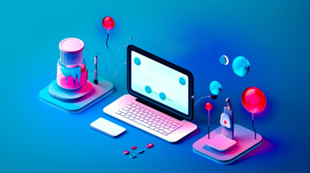 Laptop computer sitting on top of desk next to cake and pills. Generative AI.の素材