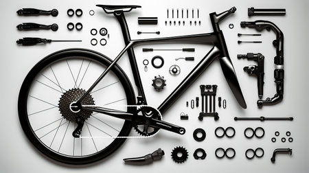 Picture of bike with parts and tools on the side of it. Generative AI.の素材