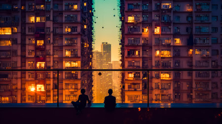 Two people sitting on ledge looking at city at night with skyscrapers in the background. Generative AI.の素材