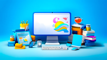 Computer monitor sitting on top of desk next to keyboard and mouse. Generative AI.の素材