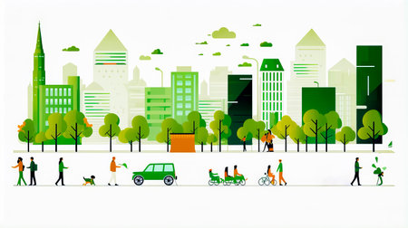 Group of people walking down street next to trees and car. Generative AI.の素材