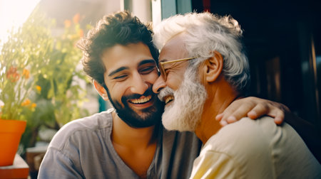 Man with beard is hugging another man's face and smiling. Generative AI.の素材