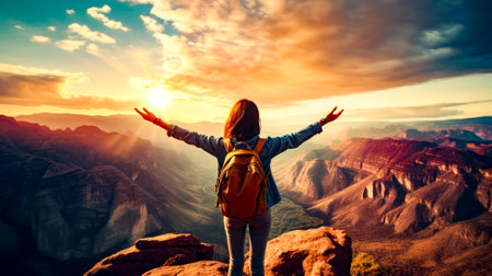 Woman standing on top of mountain with her arms outstretched in the air. Generative AI.の素材
