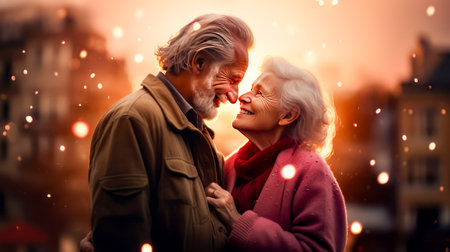 Man and woman standing next to each other in front of lights. Generative AI.の素材