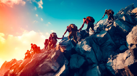 Group of people climbing up the side of mountain with backpacks. Generative AI.の素材