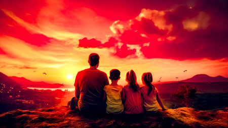 Group of people sitting on top of hill watching the sun set. Generative AI.の素材