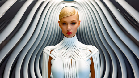 Woman with blonde hair wearing white dress and posing for the camera. Generative AI.の素材