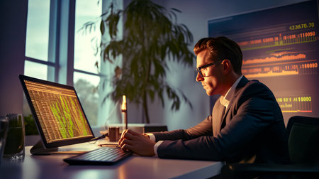 Man sitting at desk with laptop computer in front of him. Generative AI.