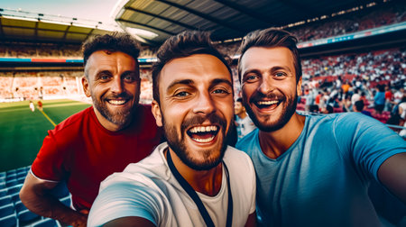 Group of men standing next to each other in front of the crowd. Generative AI.の素材