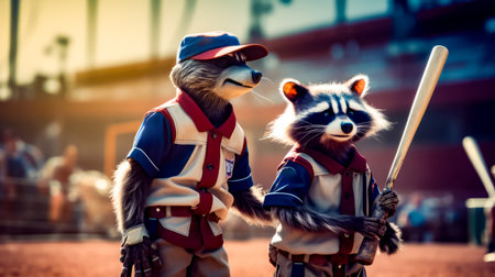 Couple of raccoons standing next to each other on field. Generative AI.の素材