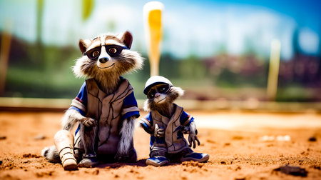 Couple of raccoons sitting next to each other on field. Generative AI.の素材