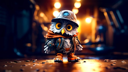 Small owl figurine wearing helmet and scarf on table. Generative AI.の素材