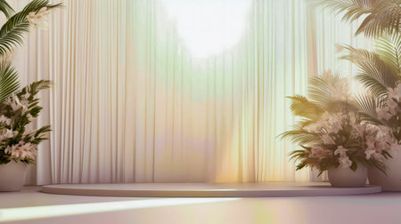 Room with white curtain and vase with plant in it. Generative AI.の素材