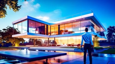 Man standing in front of large building with car parked in front of it. Generative AI.の素材