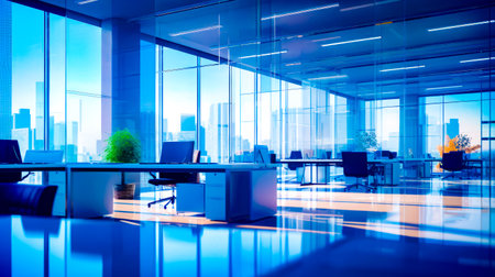 Office with glass wall and desk with laptop on it. Generative AI.の素材