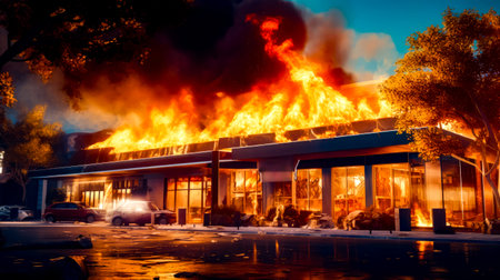 Building that is on fire with lot of smoke coming out of it. Generative AI.の素材