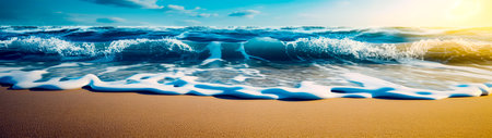 Sandy beach with waves coming in and out of the water on sunny day. Generative AI.の素材