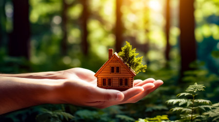 Person's hand holding small house with tree growing out of it. Generative AI.の素材