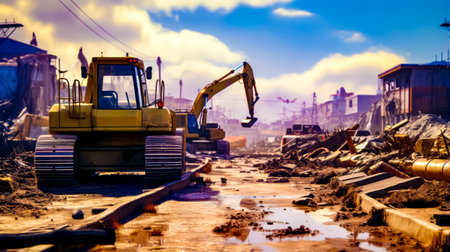 Construction site with bulldozer and excavator in the background. Generative AI.の素材