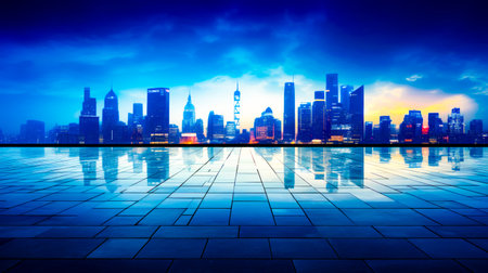 View of city skyline from across the water with tiled floor. Generative AI.の素材