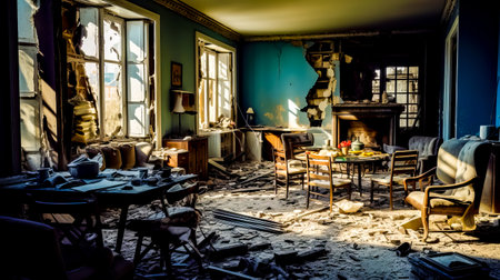 Room that has a lot of debris on the floor and table in the middle of the room. Generative AI.の素材