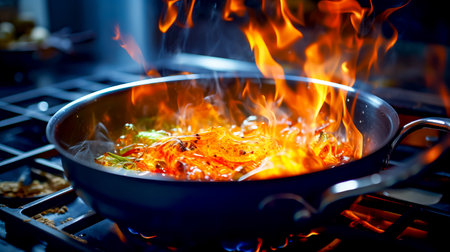 Wok filled with lots of food on top of stove top. Generative AI.の素材