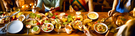 Group of people sitting around wooden table with food on top of it. Generative AI.の素材