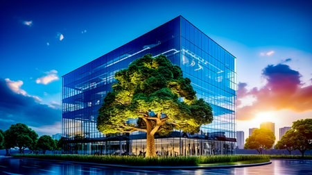 Glass building with tree in front of it and blue sky in the background. Generative AI.の素材