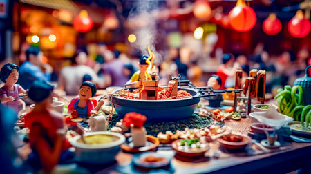 Table topped with bowl of food and doll figurine. Generative AI.の素材