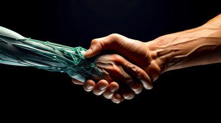 Two hands shaking each other with skeleton hand in the middle of the image. Generative AI.の素材