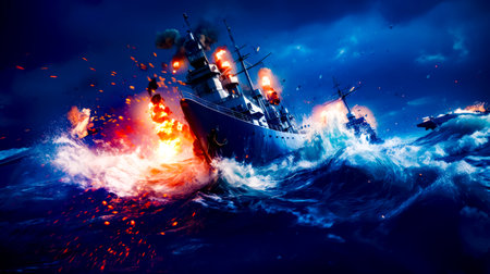 Battleship in the middle of large body of water with flames coming out of it. Generative AI.の素材