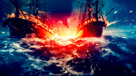 Two ships in body of water with fire in the middle of the water. Generative AI.の素材