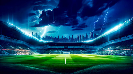 Soccer field with lightning storm in the sky and city in the background. Generative AI.の素材