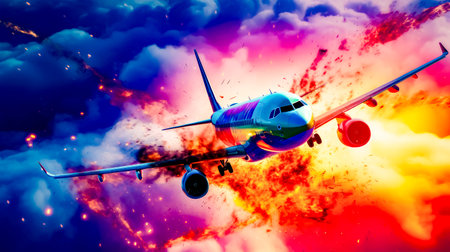Airplane is flying through the air with lot of smoke coming out of it. Generative AI.の素材