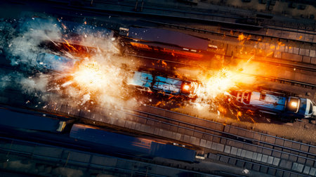 Aerial view of train on track with lot of fire coming out of it. Generative AI.の素材