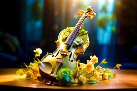 Violin sitting on top of table next to bouquet of flowers. Generative AI.の素材