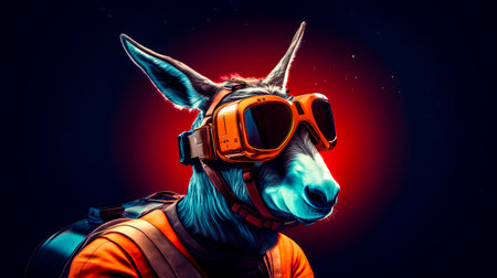 Donkey with goggles and backpack on it's head with red background. Generative AI.の素材
