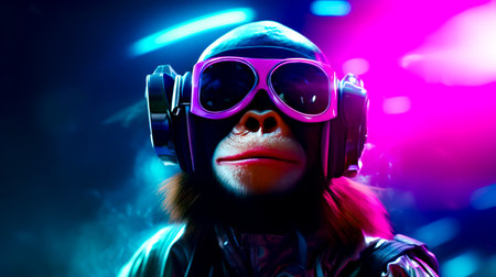 Monkey wearing headphones and pair of headphones in front of neon background. Generative AI.の素材