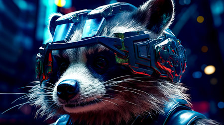 Close up of raccoon wearing helmet and goggles. Generative AI.の素材