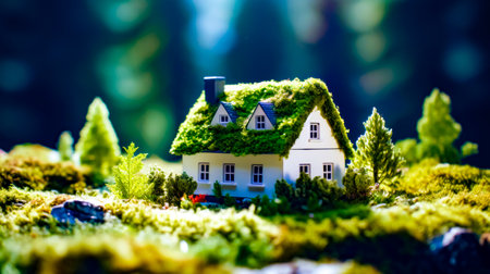 White house with green roof covered in moss and trees in the background. Generative AI.の素材