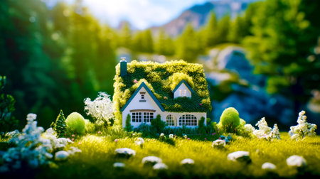 Small house with green roof covered in plants and rocks in the foreground. Generative AI.の素材