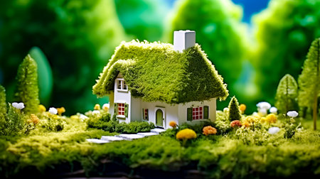 Small house with green roof is in the middle of field. Generative AI.の素材