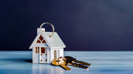 House shaped keychain with house key on top of it. Generative AI.の素材