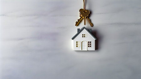 House shaped keychain with house shaped key on top of it. Generative AI.の素材