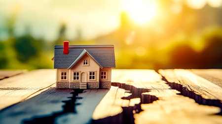 Small house sitting on top of wooden table next to window. Generative AI.の素材