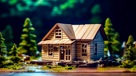 Small model of log cabin on table with trees in the background. Generative AI.の素材