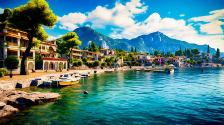 Painting of lake with boats in the water and mountains in the background. Generative AI.の素材