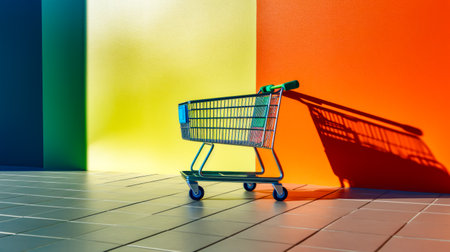 Small shopping cart sitting in front of orange and yellow wall with shadow of shopping cart on the floor. Generative AI.の素材