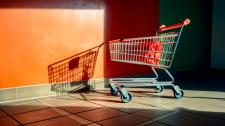 Shopping cart sitting on tiled floor next to wall with shadow of shopping cart on it. Generative AI.の素材